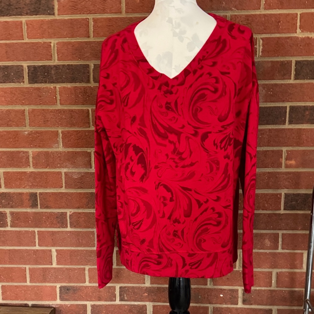 Athleta Coaster Luxe V-Neck Red Paisley Drop Shoulder Sweatshirt